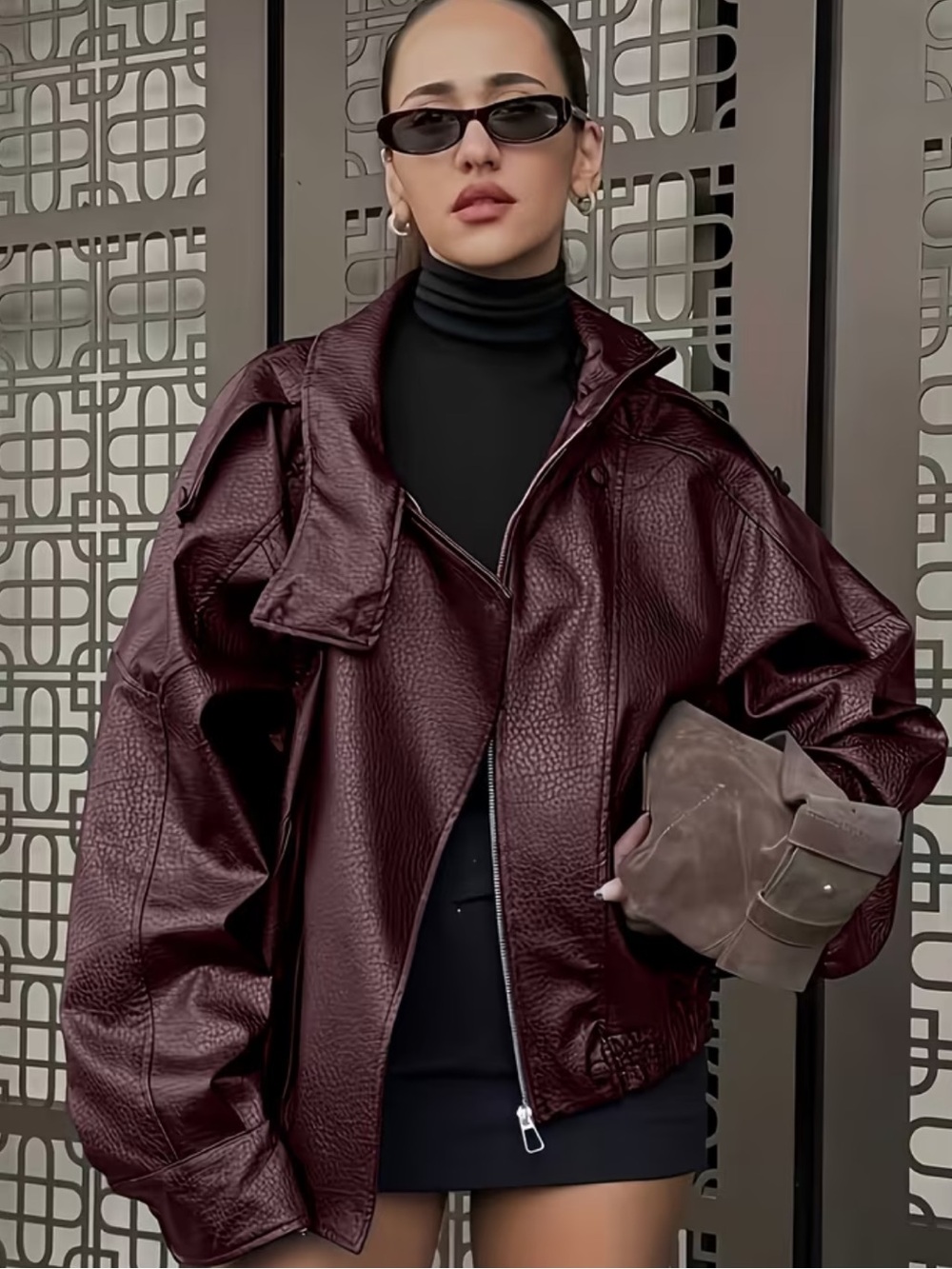 🆕 Burgundy Vegan Leather Bomber Jacket High Collar Neck Biker Oxblood 14 NWT red